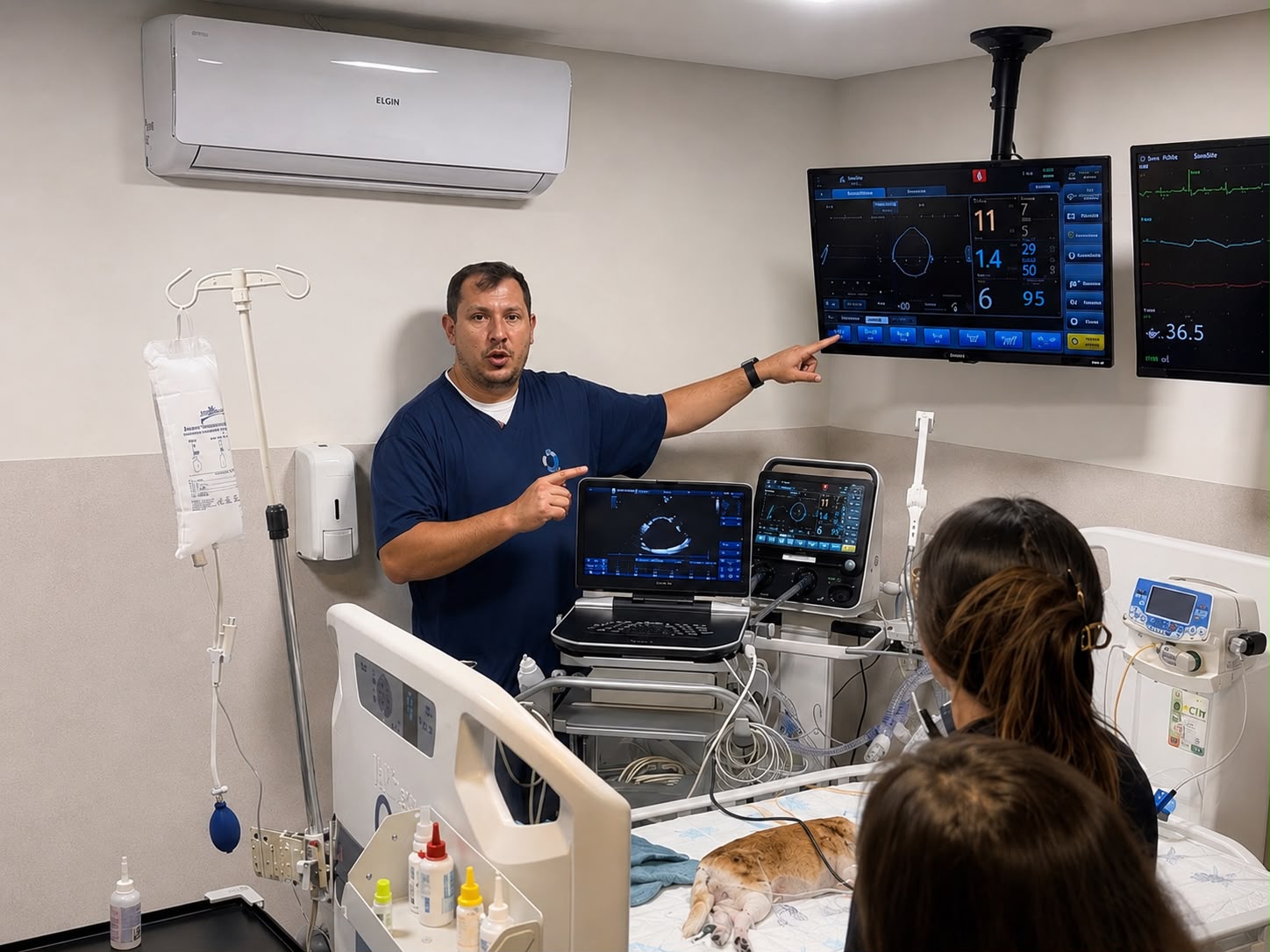 Veterinário demonstrando ecocardiografia em paciente monitorado durante aula prática